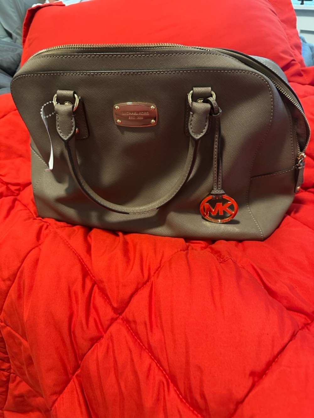 Michael Kors Taupe Saffiano Dome Satchel with Gold MK Charm